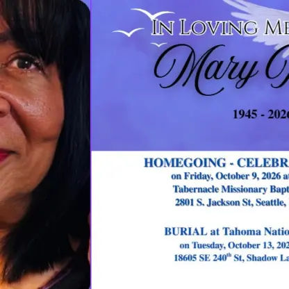 Funeral announcement for Mary Posey (1945–2026) featuring her portrait, a white dove, and details for a service on October 9, 2026, at Tabernacle Missionary Baptist Church and a burial on October 13, 2026, at Tahoma National Cemetery.