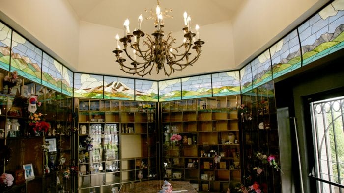 A chandelier in a gift shop