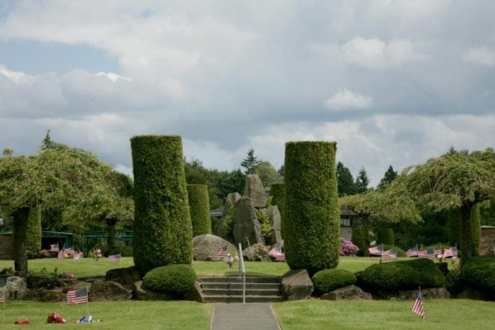 Manicured hedges at a cemetery