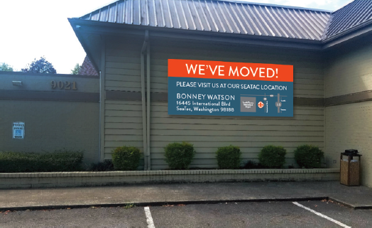 a sign outside of BONNEY WATSON saying, "We've Moved"