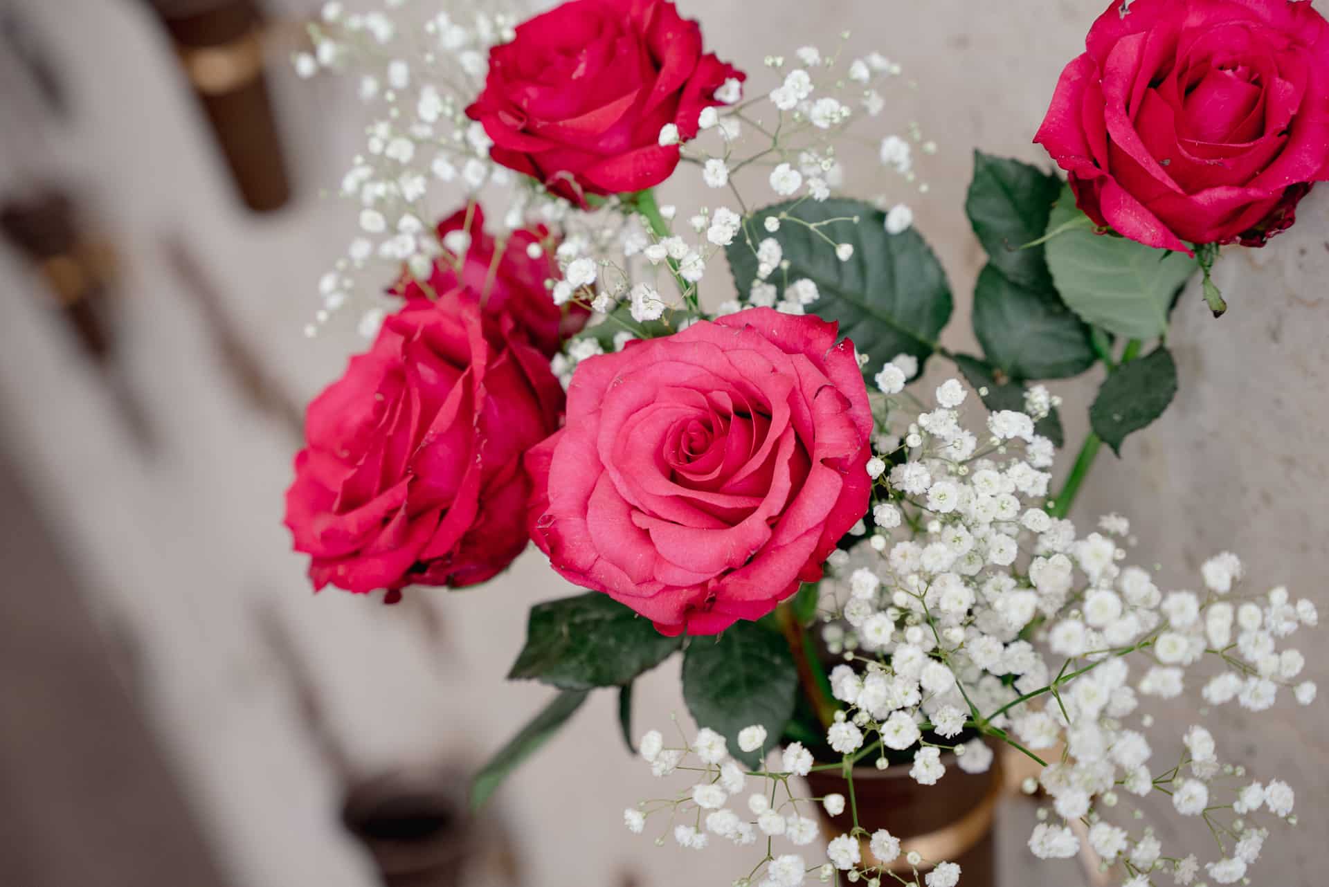 A bouquet of vibrant red roses and delicate white baby's breath flowers.